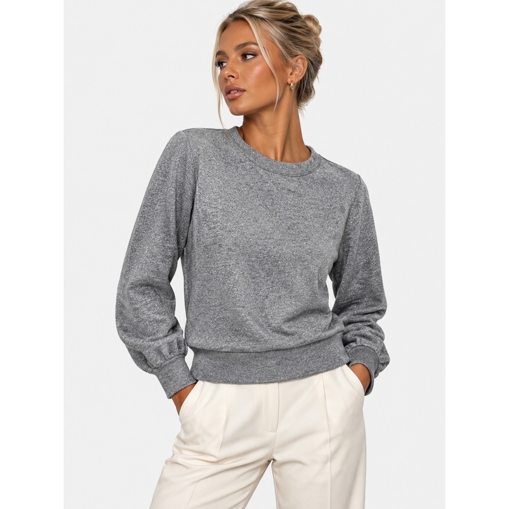 White House Black Market Grey Silver Lurex Puff Sleeve Top Sweater XS NWT New